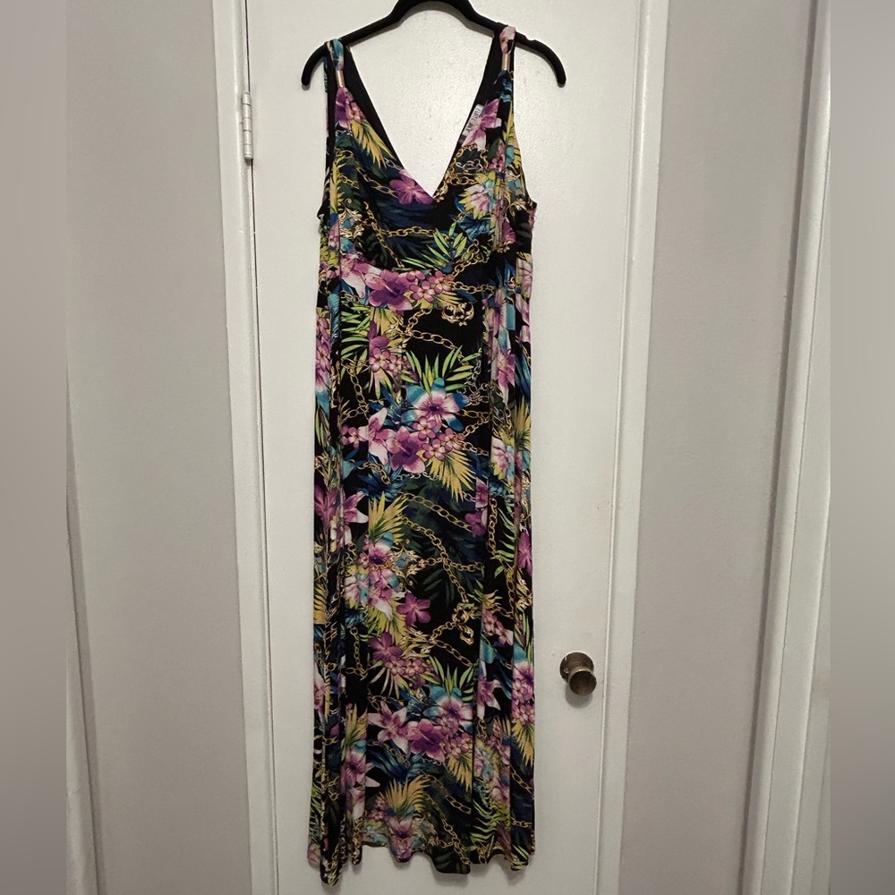 Jennifer Lopez Tropical V Nexk Black Floral & Gold Chain Print Maxi Dress 2X - Picture 2 of 5